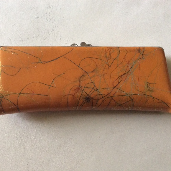 Vintage Hard Eye Glass Case Metal Snap Closure Orange, Gold & Green Design - Picture 2 of 8